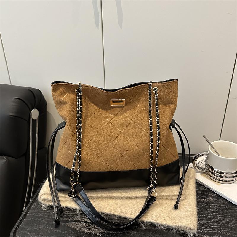 Trendy Suede Diamond Pattern Vintage Chain Bucket Bag Contrast Color Shoulder Bag Handbag