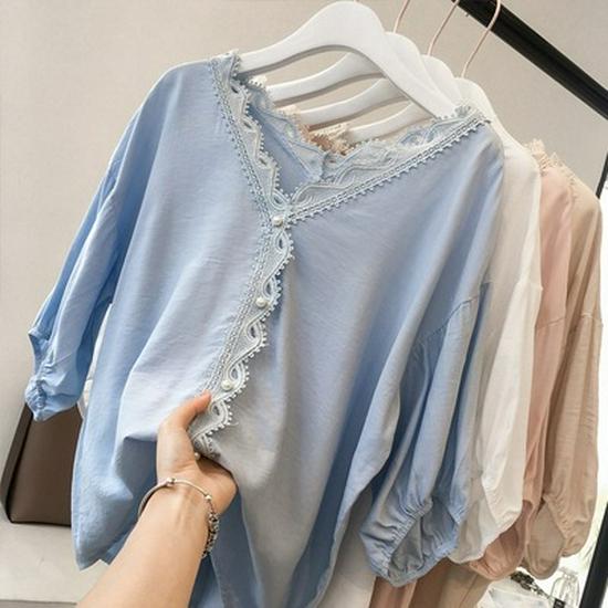 In-Stock Summer V-Neck Chiffon Blouse with Crochet Lace Patchwork
