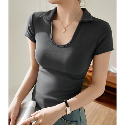 Camiseta de Algodão com Gola Polo em Forma de U para Mulheres, Manga Curta, Verão, Nova, Astuta, Sexy, Camisa Básica