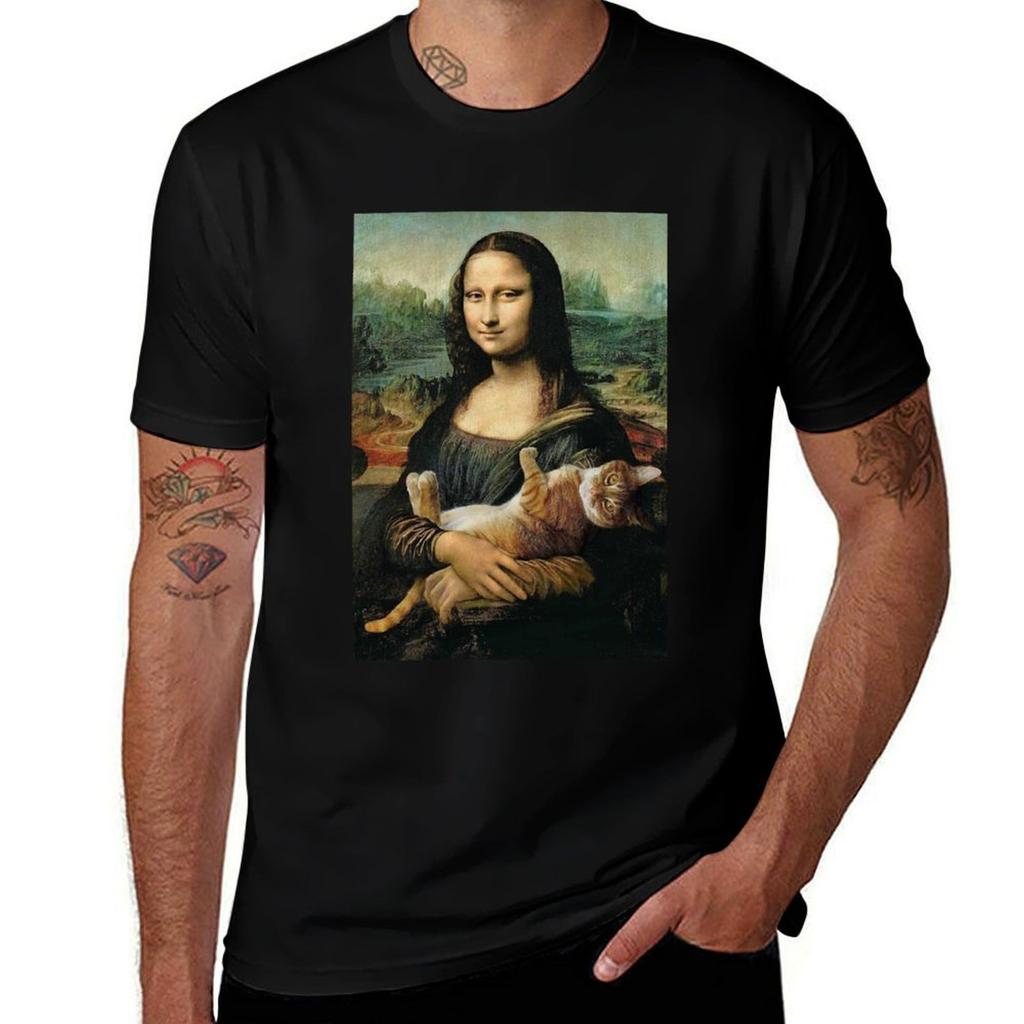 Mona Lisa Holding a Cat TShirt Work Wear Breathable Tee