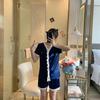 Women's Short Sleeve Faux Silk Ice Silk Pajama Set with Lapel - European Size