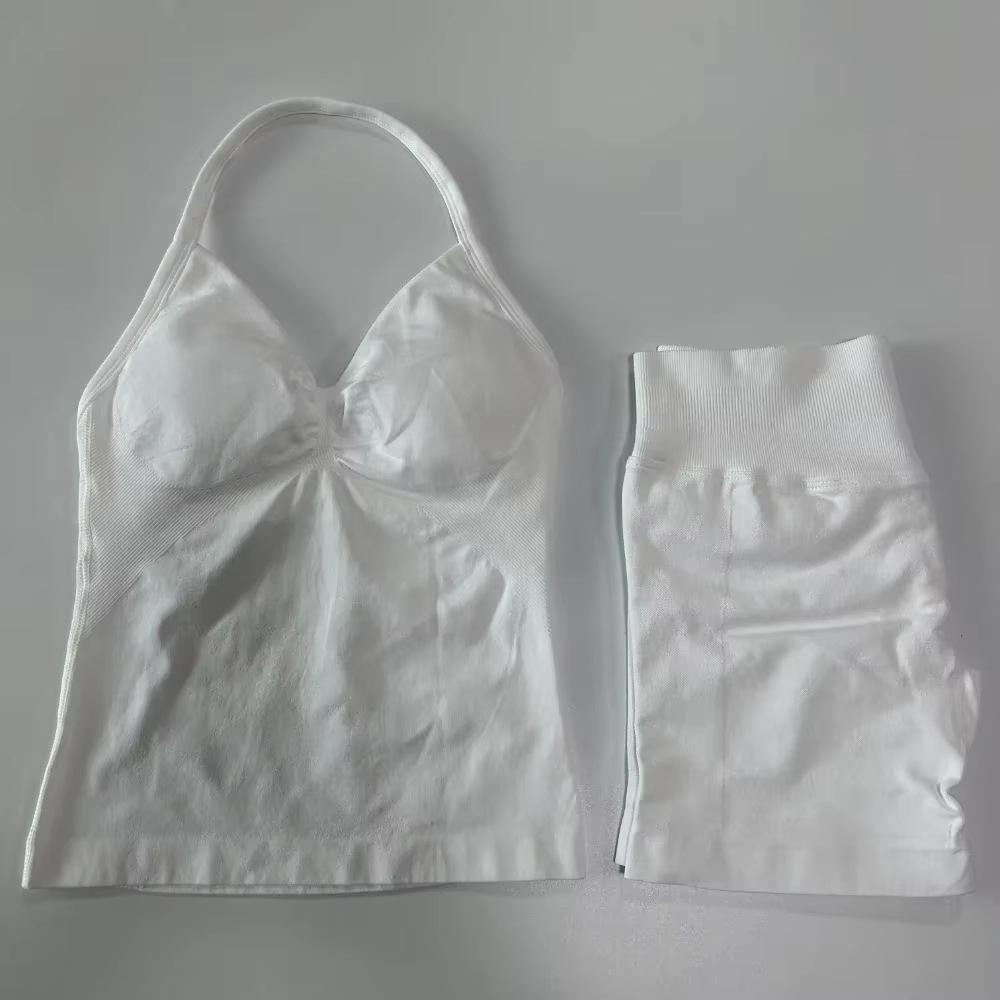 JYL Seamless Backless Two Piece Set Padded Halter Top Fitness Shorts