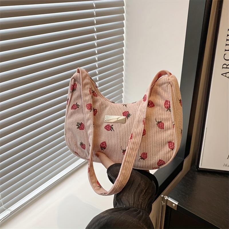 Women's Fashion Shoulder Bag, Strawberry Pattern Handbag with Fixed Strap, Lightweight, Zip Closure