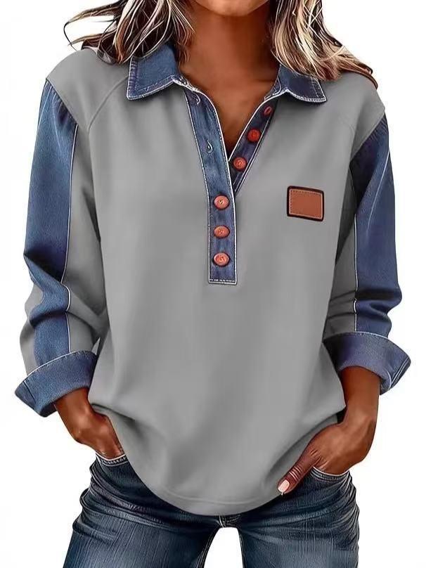 2026 new European and American style 3D printing color matching denim knitted sweater women's loose long-sleeved lapel pullover cross-border explosion