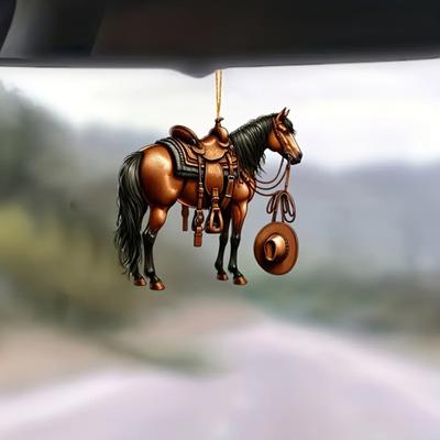 Realistischer Pferde Auto Anhänger 2D Acryl Western Cowboy Pferd Auto Charme Schlüsselanhänger Rückspiegel Dekoration Geschenk für Reitsportliebhaber