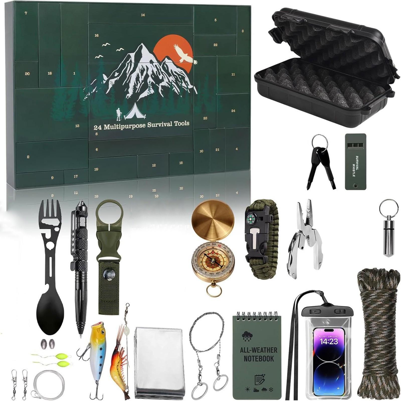 

Наборы Адвент-календаря для мужчин - 24-дневный рождественский календарь обратного отсчета, аварийное снаряжение, подарок для подростков и взрослых, крутые рождественские гаджеты для активного отдыха One Size