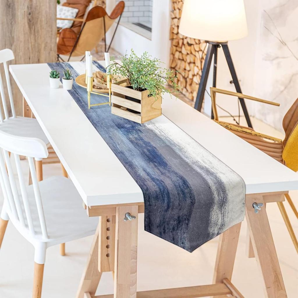Blue and Grey Table Runner 13x72 Inch Modern Abstract Art Painting Kitchen Dinning Table Decoration for Home Party Décor