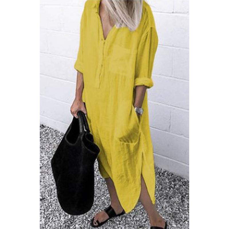 

Платье на пуговицах в стиле бохо для женщин больших размеров - летняя туника из хлопковой смеси с V-образным вырезом и закатанными рукавами 2024 года, длина миди для пляжного и уличного использования 5XL