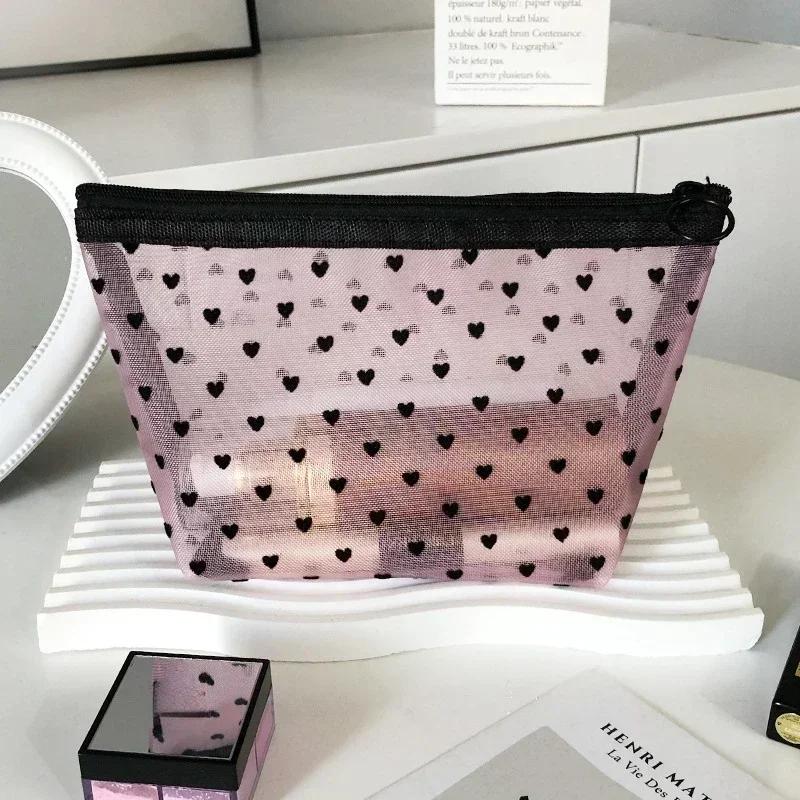 Women Cosmetic Pouch Toilet Storage Bag Ladies Toiletry Lipstick Key Coin Organizer Bags Purse Heart Transparent Mesh Makeup Bag
