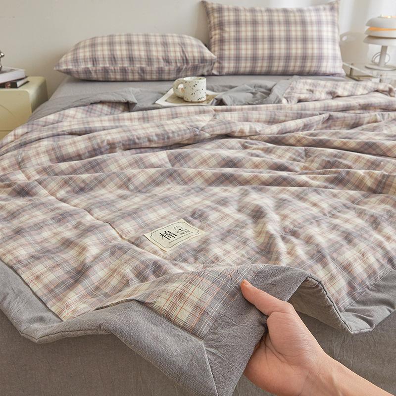 Plaid Print Washable Cotton Summer Cooling Quilt Lightweight Breathable Machine Washable for Student Dorms Single Double Beds Air Conditioner Rooms