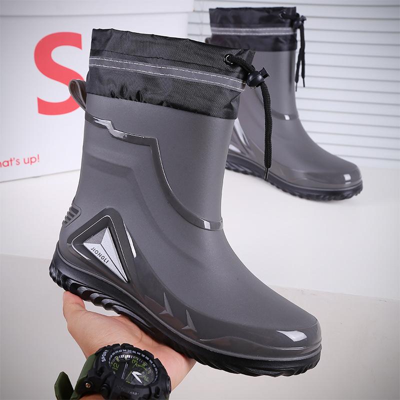 

Rain Boots Men s Waterproof Drawstring Rain Shoes Velvet Padded Suit Warm Non Slip Flat Fashion Take out Rider Rain Boots 45 сірий