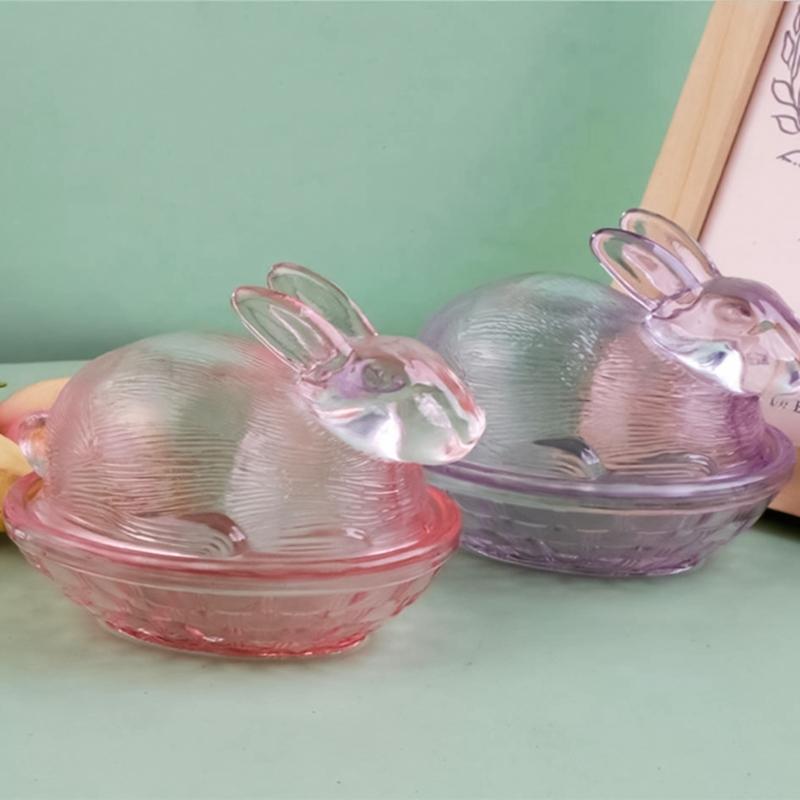 Lovely Transparent Glass Rabbit Jar Household Candy Dispenser Bowl with Lid Kitchen Counter Decoration