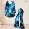 Women Plus Size V Neck Three Quarter Sleeve Marble Printed Blue Flared Top And Flared Pants Two Piece Set