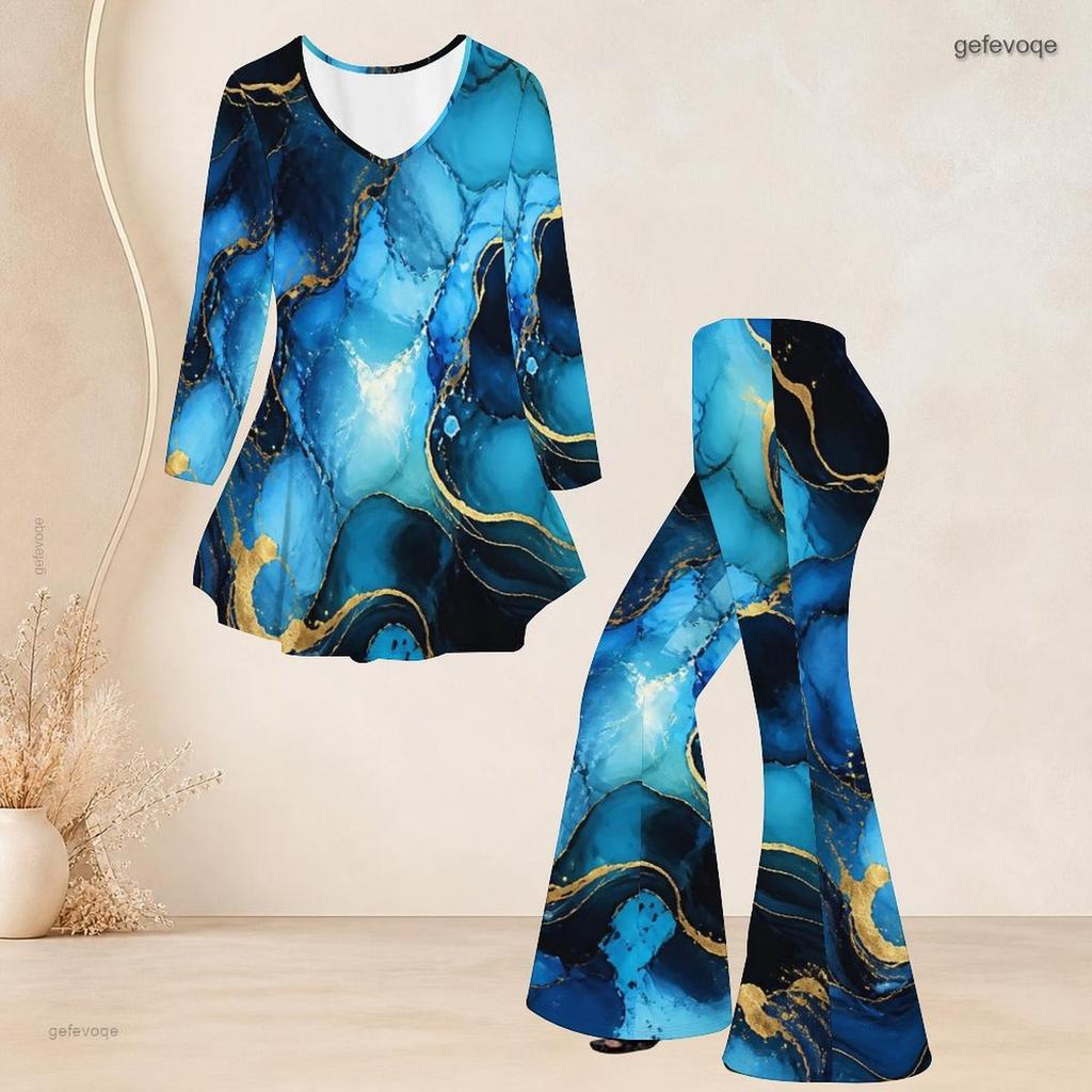 Women Plus Size V Neck Three Quarter Sleeve Marble Printed Blue Flared Top And Flared Pants Two Piece Set