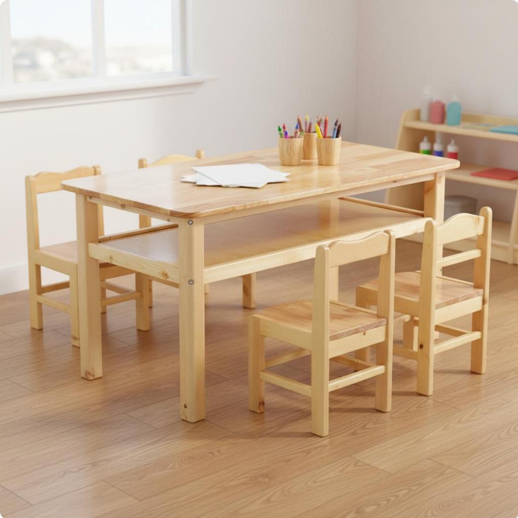 Hardwood Wood Kids Table and Chair Set Easy to Clean Kindergarten Classroom Table Wooden Craft Desk and Chair Set for Students