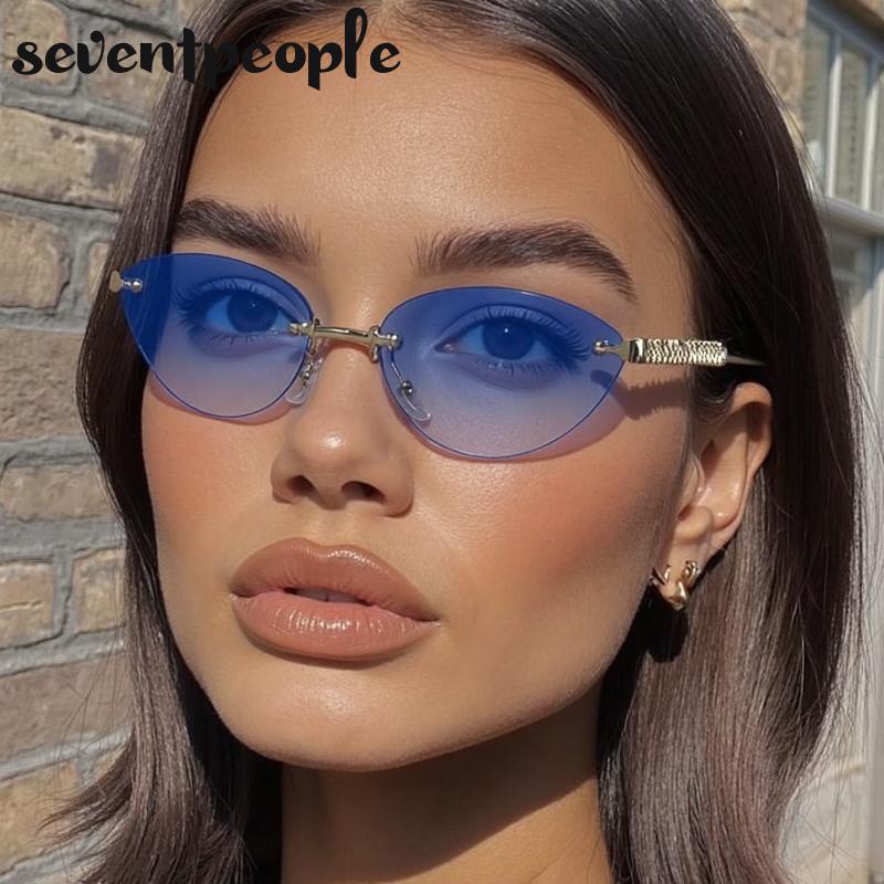Small Frame Sexy Cat Eye Sunglasses Women  Luxury Brand Trendy Steampunk Rimless Sun Glasses Vintage Metal Punk Shades UV400