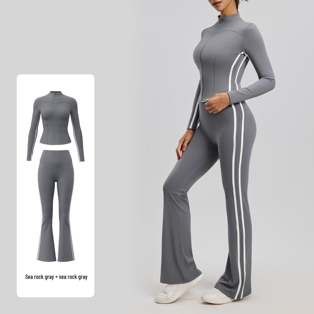Yoga Flared Pants and Top Striped Slimming Sportswear Set