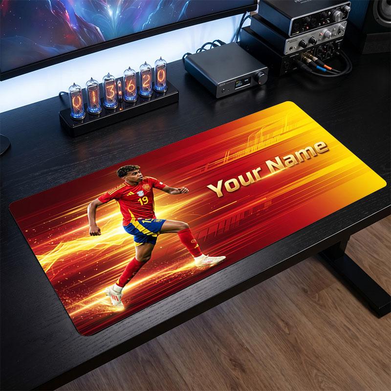 Tappetino per Mouse Grande Personalizzato Lamine Yamal, Stampa Testo Nome Personalizzato, Tappetino da Scrivania Antiscivolo con Logo Calcio, Regalo per Gamer
