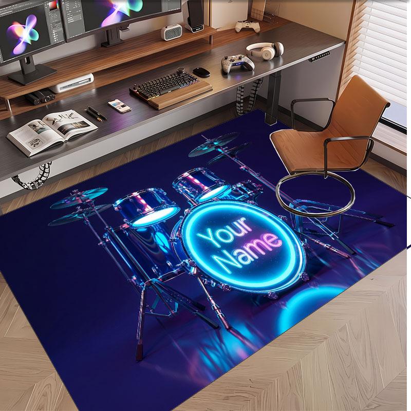 Music Drums Theme Soft Crystal Velvet Rug Custom Name & Text Print Non Slip Floor Rug for Bedroom Living Room