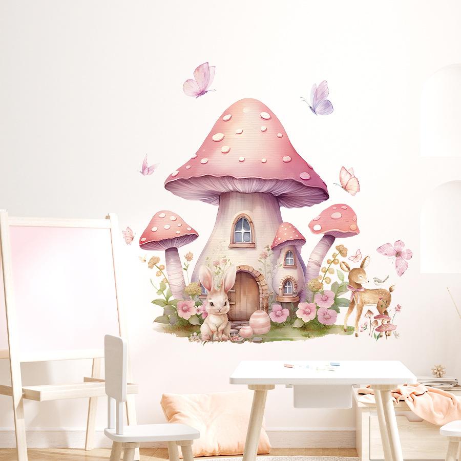 Cute Girly Cartoon Pink Mushroom House Wall Stickers, Self-Adhesive Fairy Tale Decor for Room Background Wall Decoration