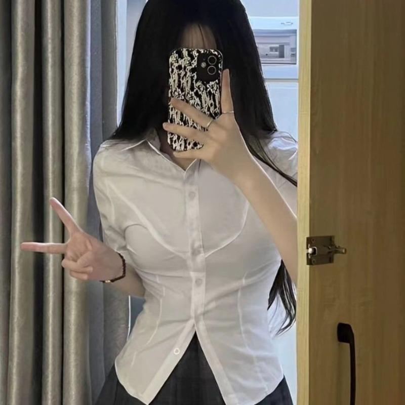 White Women's Waist Cinched Short Sleeved Shirt Unique Lace Up Design Slim Fit Blouse American College Style Ladies Tops