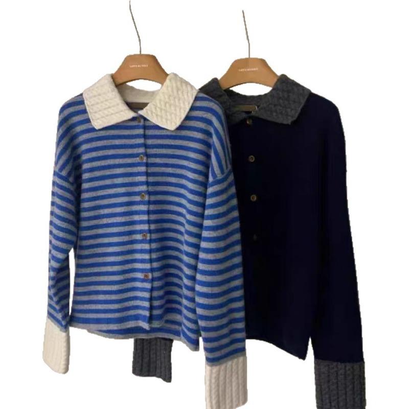Striped polo neck long-sleeved sweater knitted sweater women's early autumn lazy and relaxed wearing jacket top