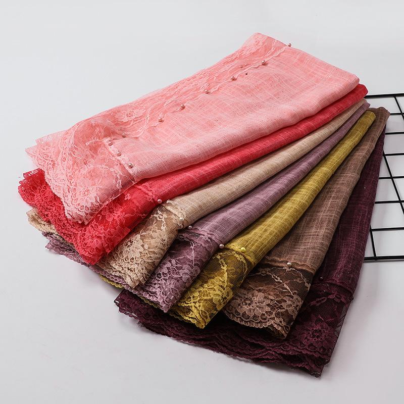 Solid Plain Lace Flower Patchwork Scarf for women Muslim Islamic Hijab Head Scarves Shawls Female Long Pashmina Headwear