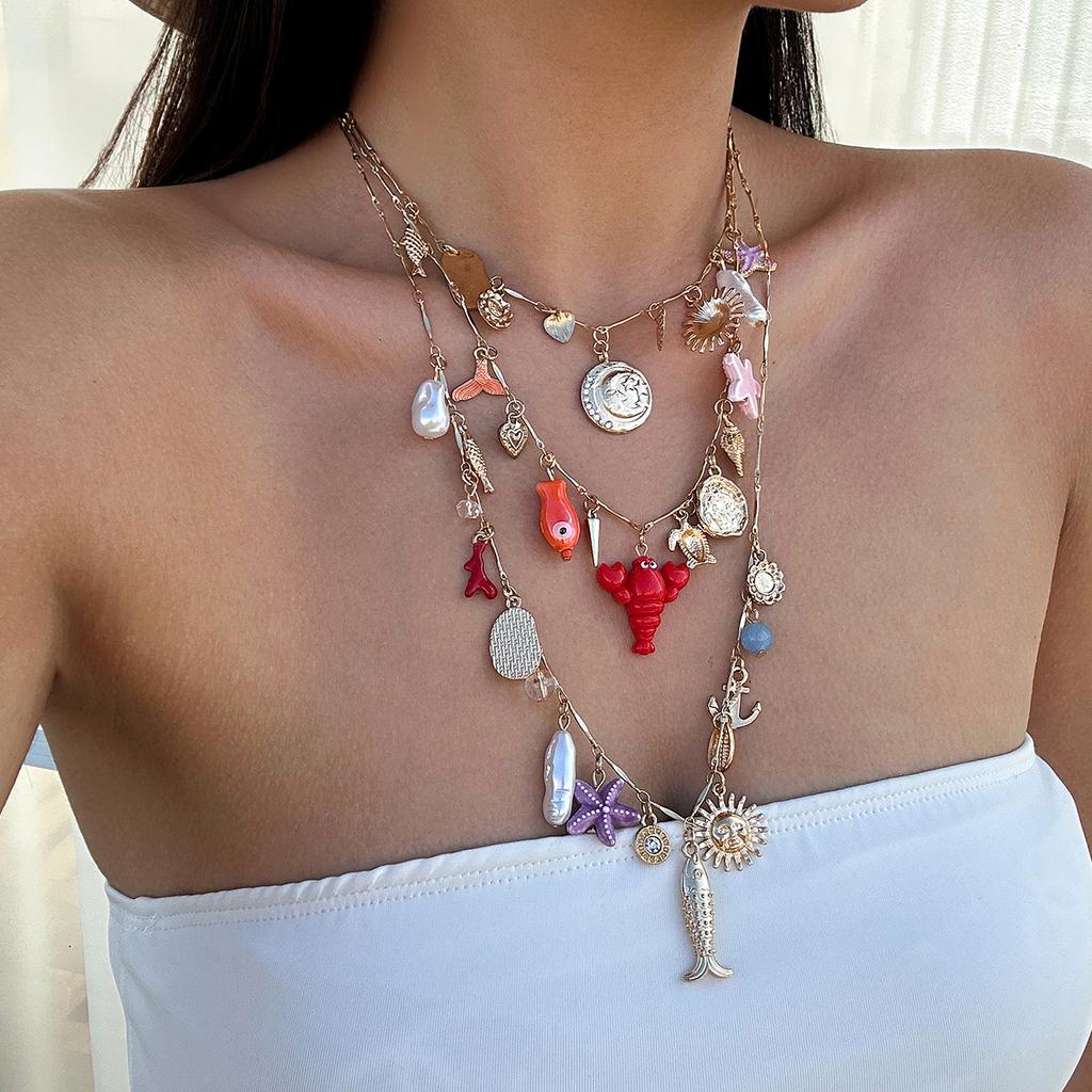 PuRui Bohemia 3Pcs/Set Gold Color Adjustable Imitation Zircon Necklace Summer Ocean Beach Various Types Pendants Necklace Zircon