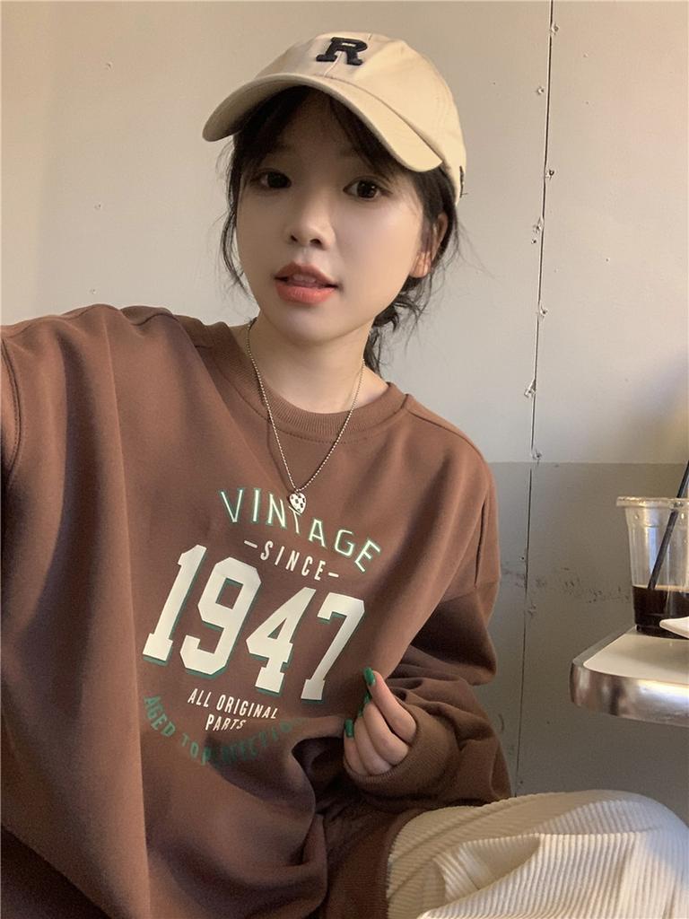 Spring/Autumn Women's Hoodie, Korean Style Loose Long Sleeve Fleece Crew Neck Sweatshirt for Women