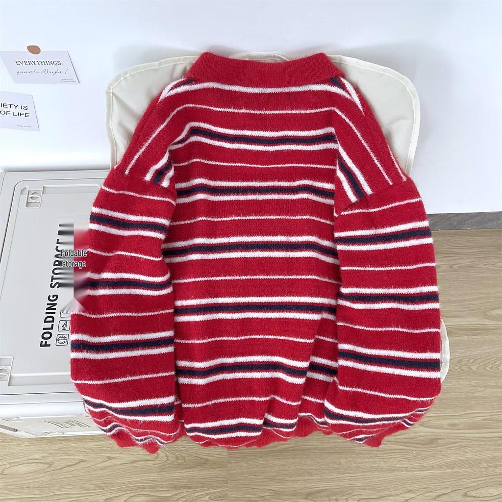 Men's Autumn/Winter High-End Retro Polo Collar Striped Mink Fur Sweater