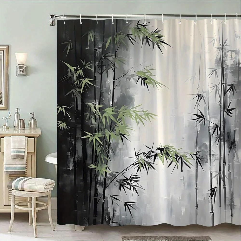 1pc Bamboo Forest Shower Curtain, Minimalist Bamboo Stalks with Green Leaves, Serene Foggy Background, Elegant and Calm Nature D