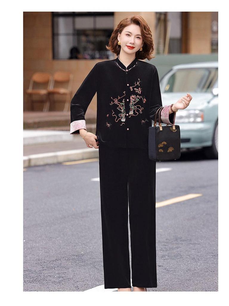 Golden Velvet Two-Piece Suit for Women Aged 40-60 
