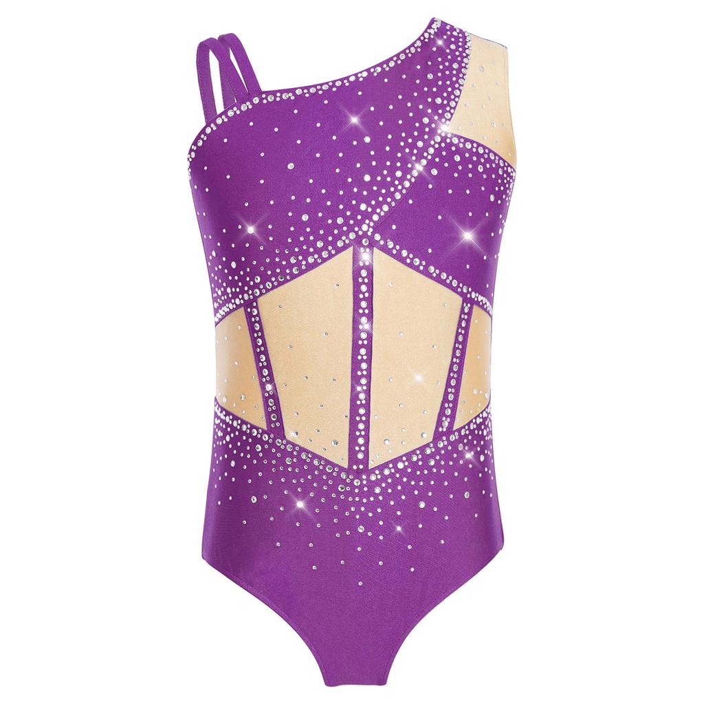 Meisjes Glanzende Strass Dans Leotard Mouwloos Asymmetrisch Kleurblok Bodysuit