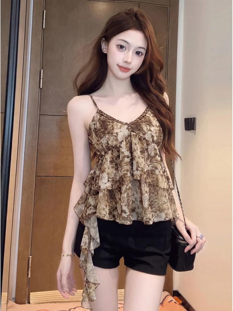 Vintage Leopard Print Suspender Vest Women's Summer V-neck Versatile Streamer Sleeveless Top