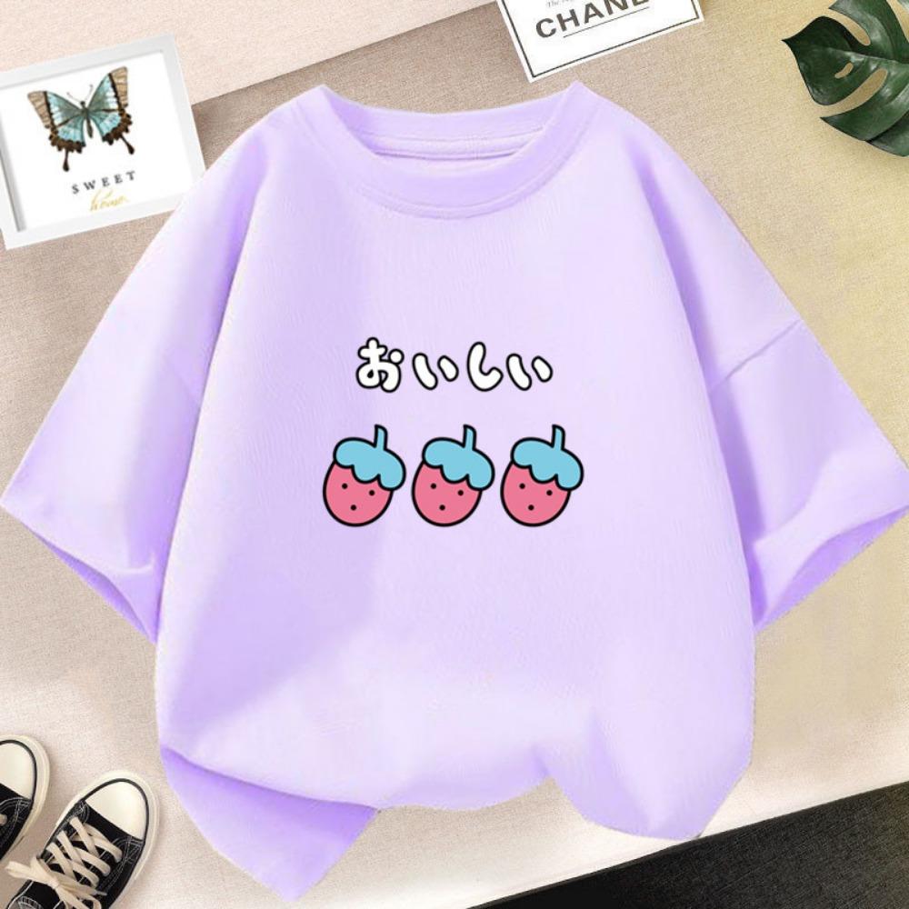 Strawberry Girl Short Sleeved T Shirt Summer Kids Cotton Loose T-shirts Harajuku Kawaii doughnut Tops 110