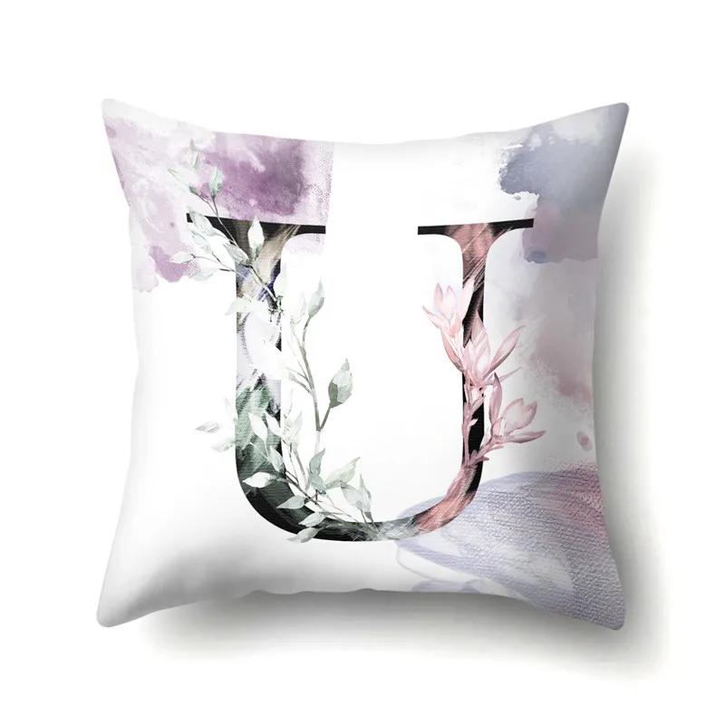 Decorative 26 Letters Polyester Pillow Case For Sofa Alphabet Flowers Printed Cushion Cover Case Home Decor Almofada 45X45Cm