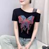 New Skew Collar Hot Diamonds Women T-shirt Sexy Off The Shoulder Tops Shirts Fashion Girl Short Sleeved Slim Tees
