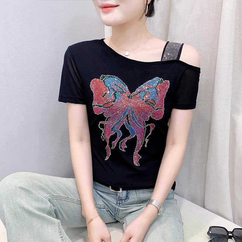 

New Skew Collar Hot Diamonds Women T-shirt Sexy Off The Shoulder Tops Shirts Fashion Girl Short Sleeved Slim Tees 3XL синій