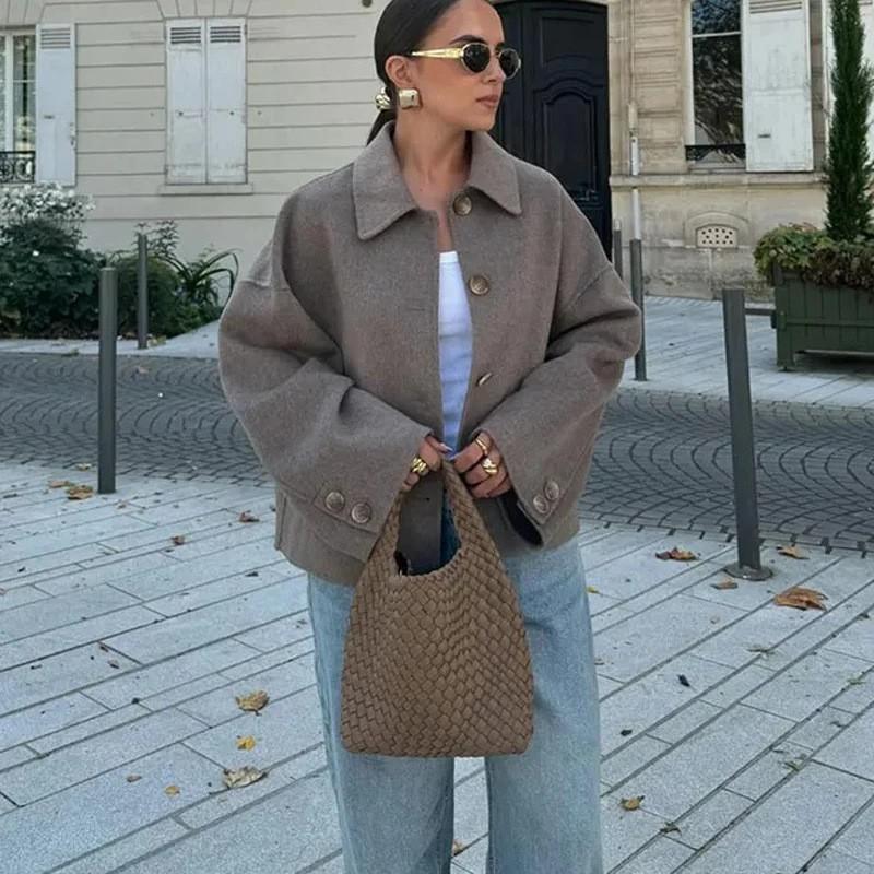 Womens Short Wool Blend Coat Street Style Button Front Shirt Collar Outerwear Fall Winter
