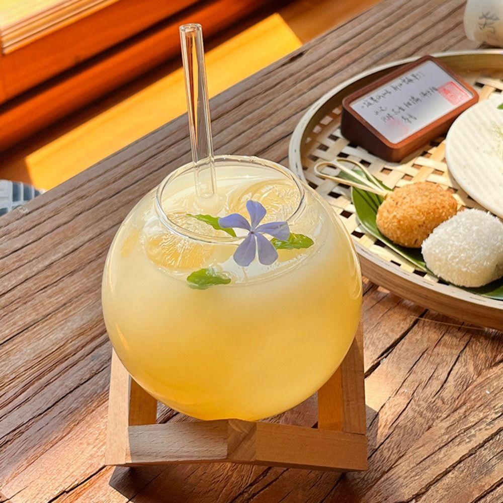with Wood Stand Spherical Cocktail Glass Cup Ronud Ball Shaped Transparent Juice Tumbler with Straw Drink Cup Gift