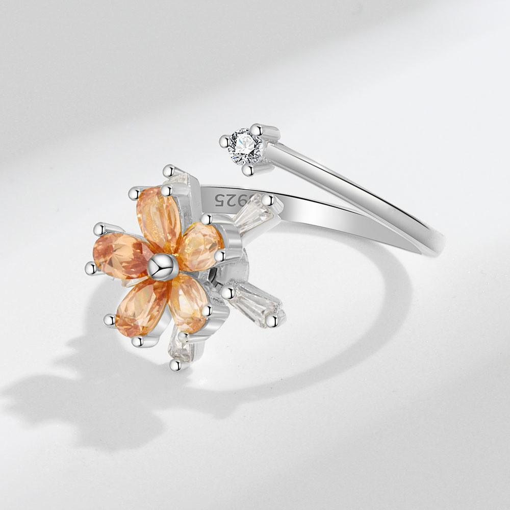 Flower Zirconia Rotating Ring With Adjustable Size For Stress Relief And Trendy Women