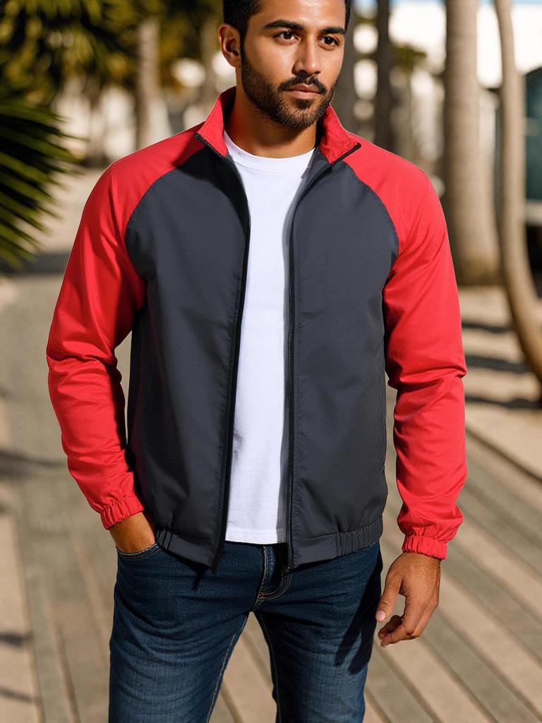 European and American Men's Stand-up Collar Jacket: Autumn/Winter Color Block Casual Coat