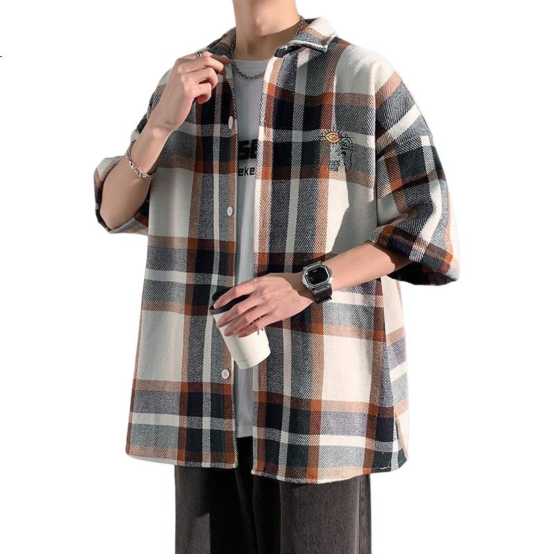 Foss Phil Men's Short-Sleeve Shirt, Summer Loose Plaid Shirt, Casual Jacket, Men's Clothing CY53 Gray-Blue XL