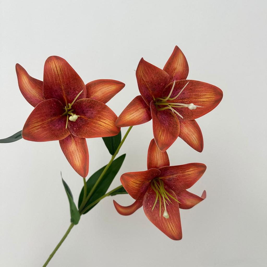 5PCS Artificial Lily Flower Branch Realistic Looking 3D Printed 3 Heads Lily Plant for Wedding Floral Decoration