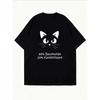 White Cotton T Shirt With Cat Face Print And Text For Casual Wear