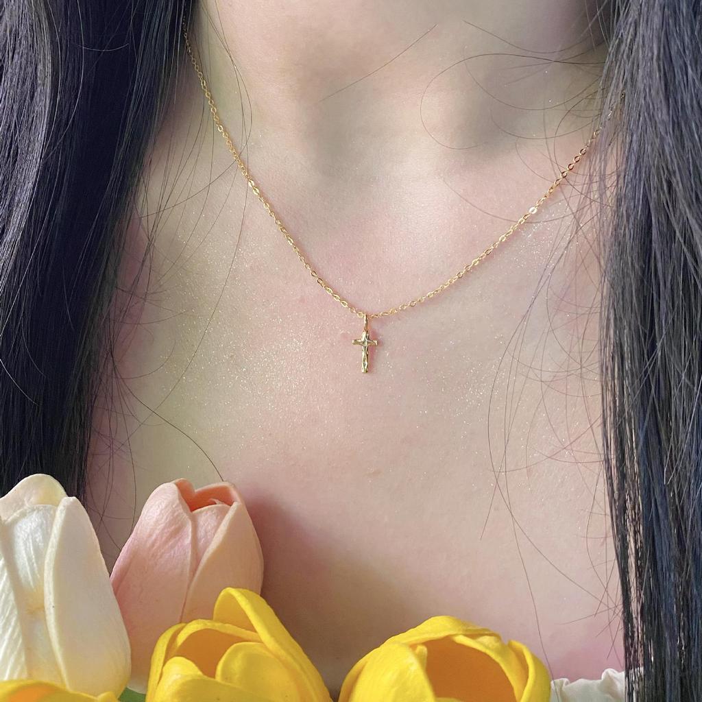 Minimalist Hammered 18K Gold Plated Sterling Silver Cross Necklace - High-End Cool Style Choker Chain