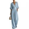 2026 Womens Solid Color V-Neck Jumpsuit High-Waisted Wide-Leg Slim Fit Long Sleeve Lightweight Office Chic