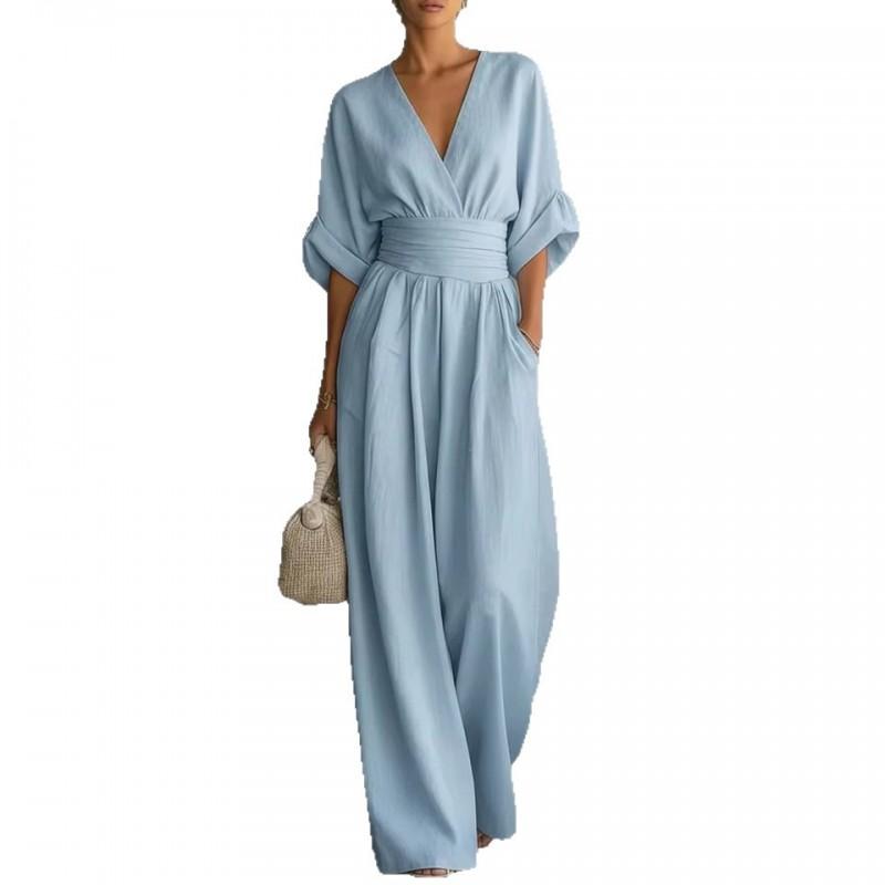 2026 Womens Solid Color V-Neck Jumpsuit High-Waisted Wide-Leg Slim Fit Long Sleeve Lightweight Office Chic