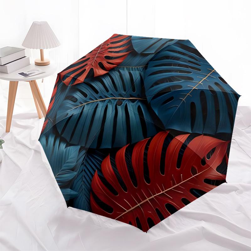 1pc Tropical Leaves Auto Open/close, All-Season Portable Folding Umbrella for Women & Men, Travel, Everyday, Formal Events - Compact Luxury Parasol, O