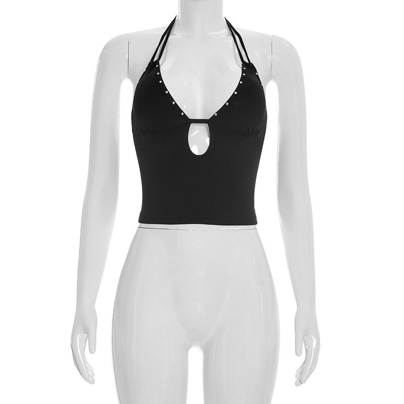 Damen S Neckholder Nieten Rückenausschnitt Uni Crop Tanktop